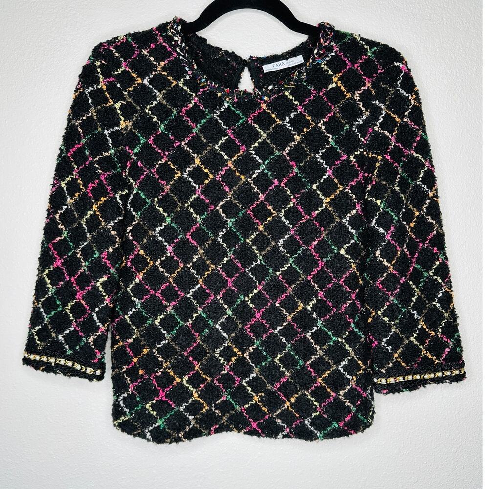 Zara Black Multicolor Boucle Knit Sweater with Pearl Detail on Sleeves Top S - Picture 3 of 14